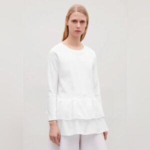 COS White Cotton Jersey + Poplin Double Peplum Ruffle Top XS